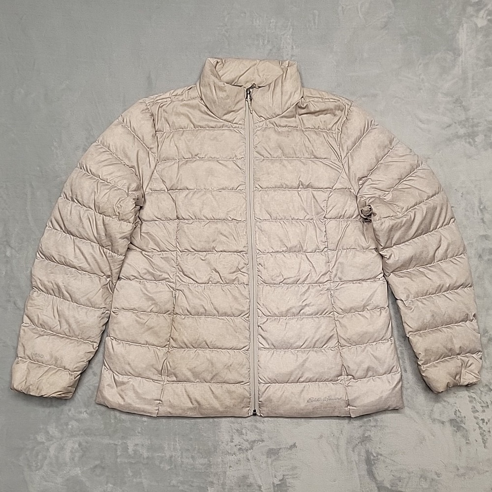 Eddie Bauer Puffer Jacket Women XL Tan‎ EB650 Down Insulated Quilted Full Zip